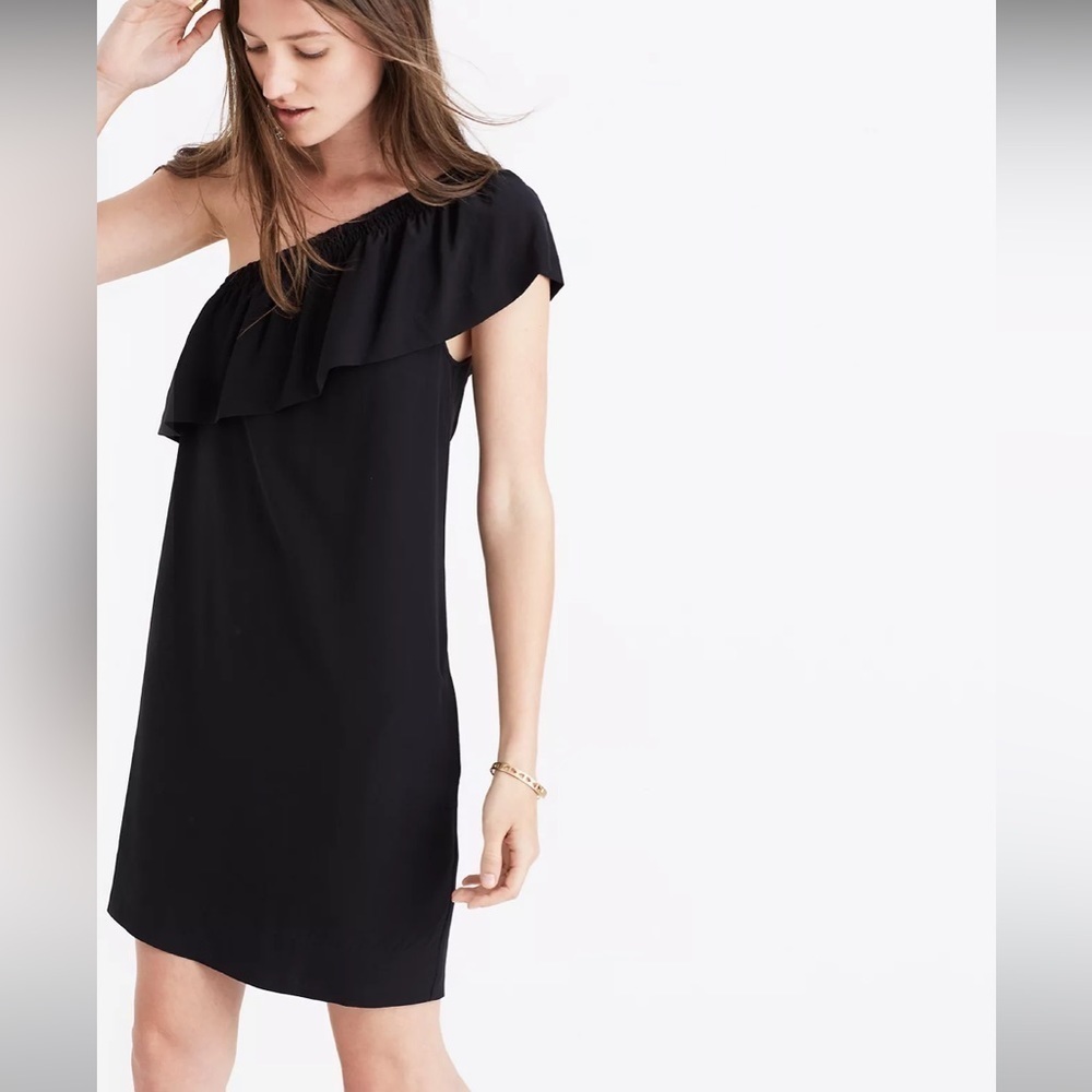 Madewell Womens Black Silk Ruffle Pocket Shoulder Mini Dress Size 0